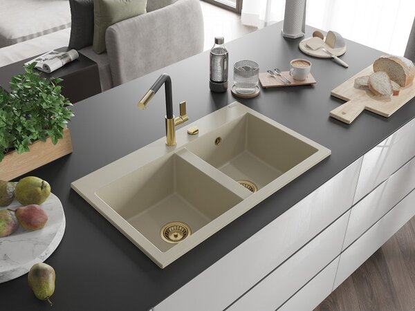 Mexen Hektor, 2-komorový granitový dřez 800x480x205 mm, béžová, zlatý sifon, 6521802000-69-G