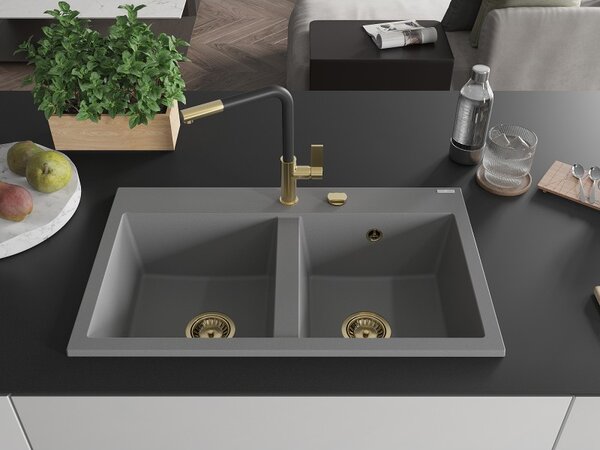 Mexen Hektor, 2-komorový granitový dřez 800x480x205 mm, šedá, zlatý sifon, 6521802000-71-G