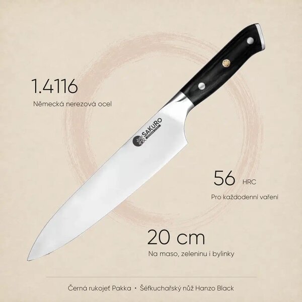 Šéfkuchařský nůž z německé oceli SaKuRo Hanzo Black DE 20 cm