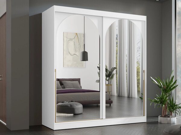 Šatní skříň se zrcadlem 200 cm IVAFE - bílá / zlatá