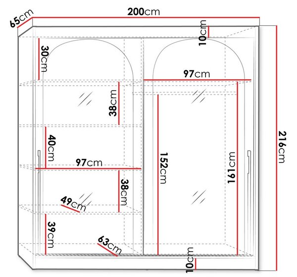 Šatní skříň se zrcadlem 200 cm IVAFE - bílá / zlatá