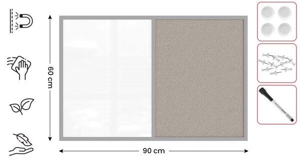 Tabule COMBI -šedý korek a magnetická bílá 90x60 cm s šedým lakovaným dřevěným rámem,TMK96GREY