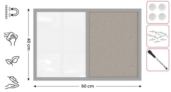 Allboards,Tabule COMBI -šedý korek a magnetická bílá 60x40 s šedým lakovaným dřevěným rámem,TMK64GREY