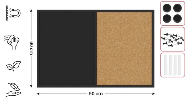 Tabule COMBI - korek a magnetická černá tabule 90x60cm s černým lakovaným dřevěným rámem, TMK96_0001