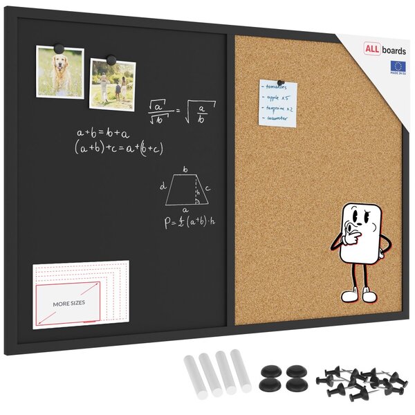 Tabule COMBI - korek a magnetická černá tabule 90x60cm s černým lakovaným dřevěným rámem, TMK96_0001