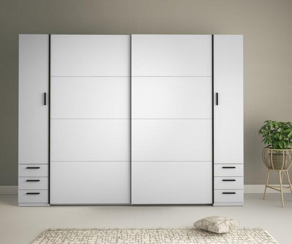 Velká šatní skříň 270 cm se šuplíky GIRADOT - bílá / černé úchyty