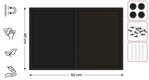 Tabule COMBI - černý korek a magnetická černá tabule 60x40cm s černým lakovaným dřevěným rámem, TMK64_0002