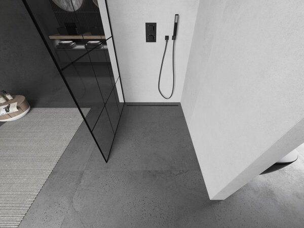 Mexen Kioto L, sprchová zástěna Walk-In 100 x 200 cm, 8mm čiré sklo černý vzor, ​​černý profil, 800-100-103-70-77