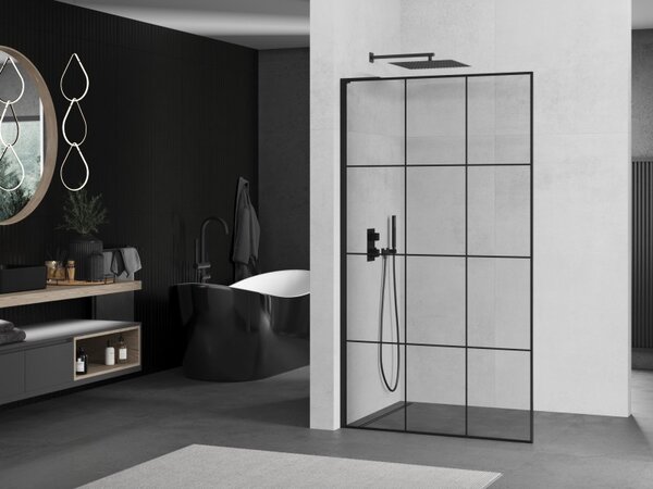 Mexen Kioto L, sprchová zástěna Walk-In 100 x 200 cm, 8mm čiré sklo černý vzor, ​​černý profil, 800-100-103-70-77