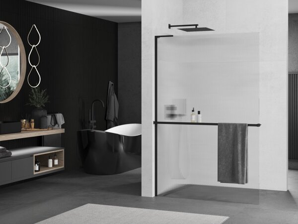 Mexen Kioto+ L, sprchová zástěna Walk-In s poličkou a věšákem 70 x 200 cm, 8mm sklo s žebrovým vzorem, černý profil, 800-070-123-70-09