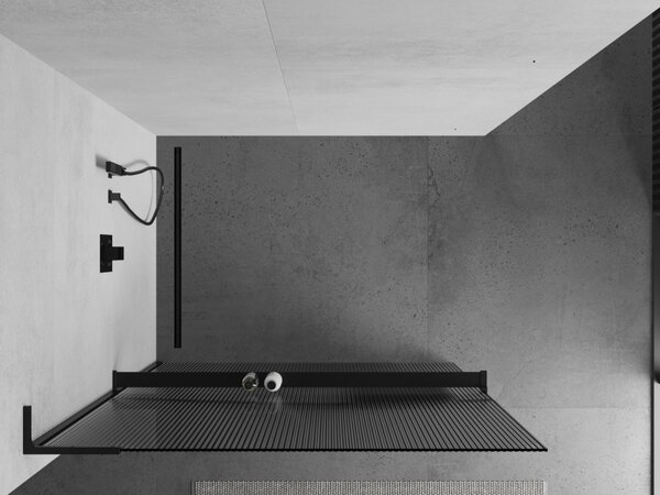 Mexen Kioto+ L, sprchová zástěna Walk-In s poličkou a věšákem 70 x 200 cm, 8mm sklo s žebrovým vzorem, černý profil, 800-070-123-70-09