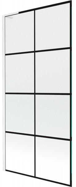 Mexen Next L, 1-křídlová vanová zástěna 90 x 150 cm, 6mm čiré sklo-černý vzor, ​​bílý profil, 895-090-000-03-77-20