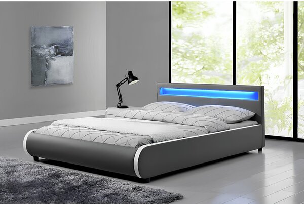 KONDELA Manželská postel s RGB LED osvětlení,, šedá ekokůže, 160x200, DULCEA