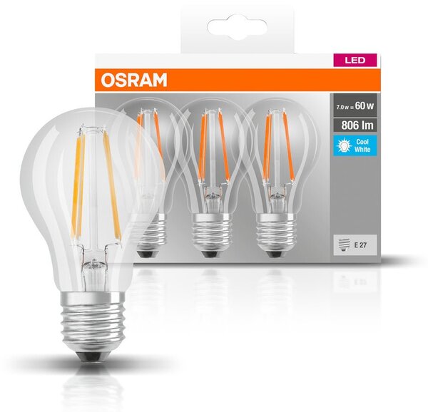 3 ks průhledná LED žárovka E27 6,5 W BASE studená bílá
