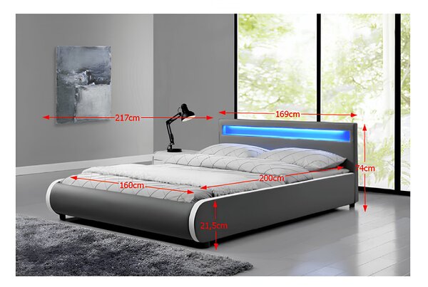 KONDELA Manželská postel s RGB LED osvětlení,, šedá ekokůže, 160x200, DULCEA