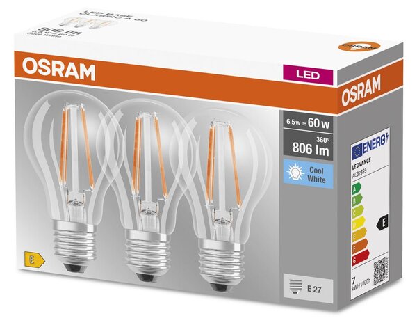3 ks průhledná LED žárovka E27 6,5 W BASE studená bílá