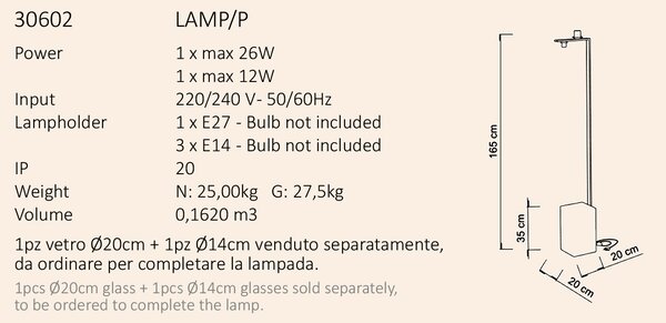 Sikrea Stojací lampa EMY, 1xE27, 1xE14, v.165cm Barva skla: Transparentní, Barva montury: Černá