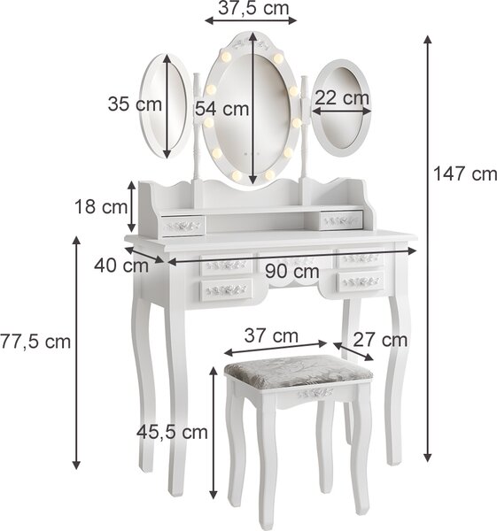 Toaletní stolek Vicco Diana Bílá 90 cm se zrcadlem, LED osvětlením a stoličkou, Model 47232