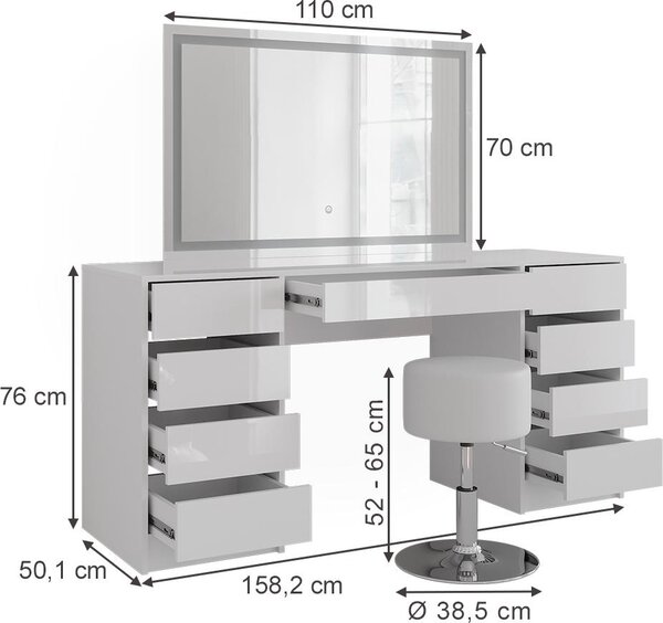 Toaletní stolek Vicco Sherry Bílá/Bílá vysoký lesk 158.2 cm se zrcadlem LED a stoličkou, Model 57660