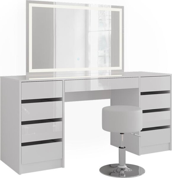 Toaletní stolek Vicco Sherry Bílá/Bílá vysoký lesk 158.2 cm se zrcadlem LED a stoličkou, Model 57660