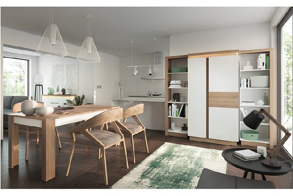 KONDELA Skříň LYOS01, dub riviera / bílá s extra vysokým leskem, LEONARDO