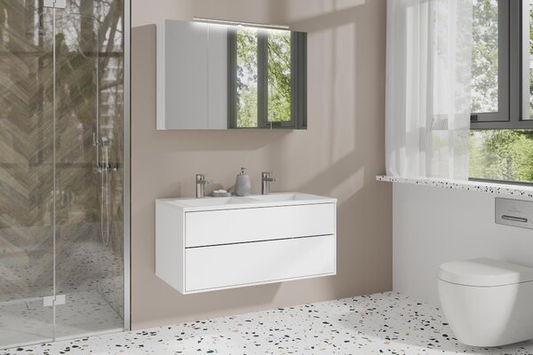 ByLIVING SPREE zrcadlová skříňka / Matný bílý korpus se zrcadlovými dvířky / Nástěnná skříňka s funkcí pozvolného zavírání / LED osvětlení v ceně / Koupelnová skříňka se zástrčkou a spínací skříňkou / Š 90, V 60, H 20 cm