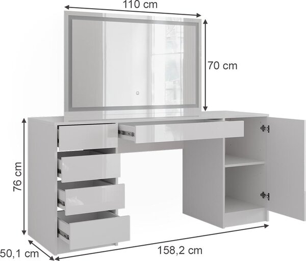 Toaletní stolek Vicco Sherry Bílá/Bílá vysoký lesk 158.2 cm se zrcadlem LED, Model 57671
