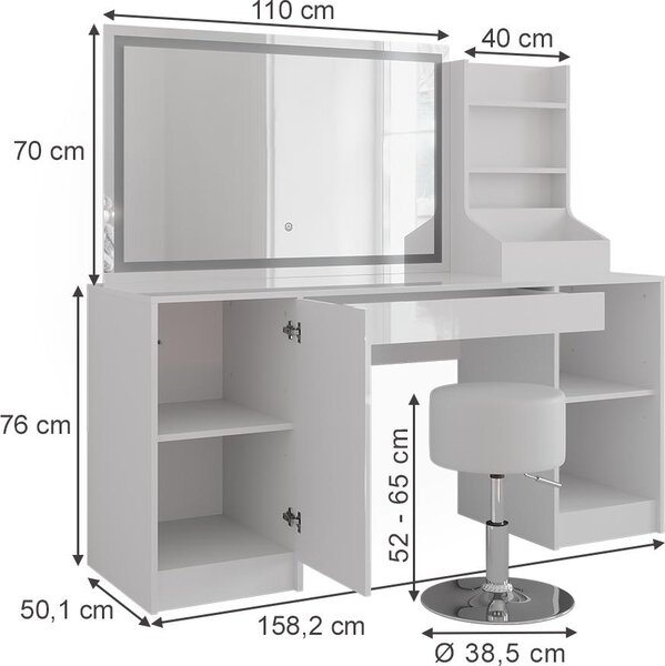 Toaletní stolek Vicco Sherry Bílá/Bílá vysoký lesk 158.2 cm se zrcadlem LED a stoličkou, Model 57651