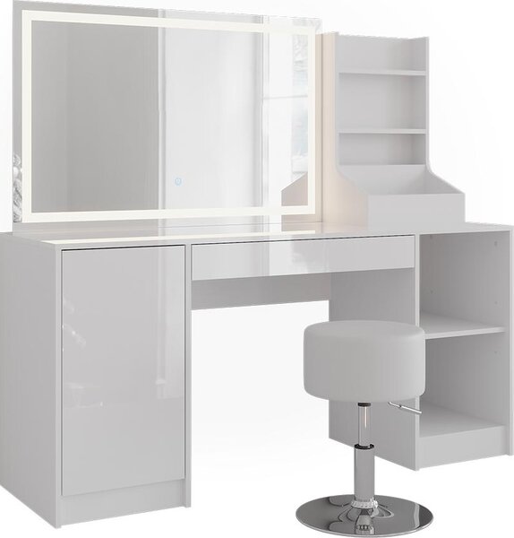 Toaletní stolek Vicco Sherry Bílá/Bílá vysoký lesk 158.2 cm se zrcadlem LED a stoličkou, Model 57651