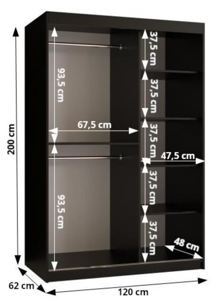 Úzká šatní skříň 120 cm CASANDRA se zrcadlem - kašmír / černá