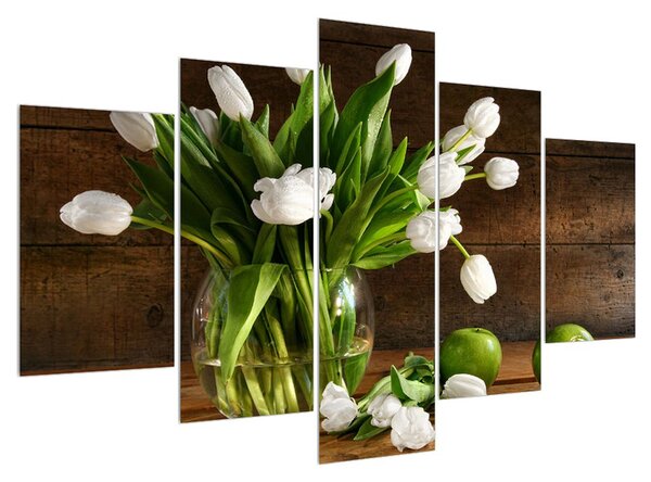 Obraz bílých tulipánů ve váze (150x105 cm)