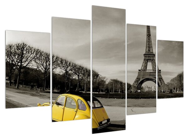 Obraz Eiffelovy věže a žlutého auta (150x105 cm)