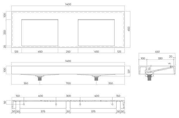 Oltens Stila umyvadlo 140x45 cm obdélníkový klasický-dvojitý bílá matný 40005900