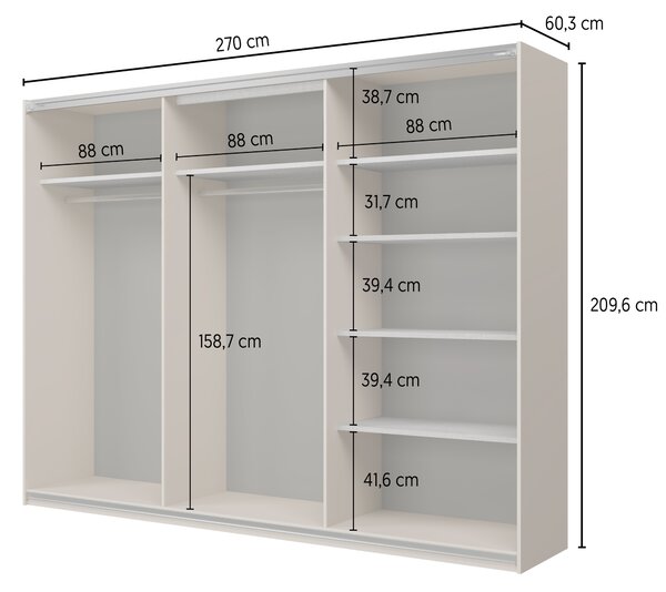 Šatní skříň 270 cm DEVORAH s posuvnými dveřmi - kašmír / béžová