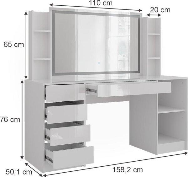 Toaletní stolek Vicco Sherry Bílá/Bílá vysoký lesk 158.2 cm se zrcadlem LED, Model 57656