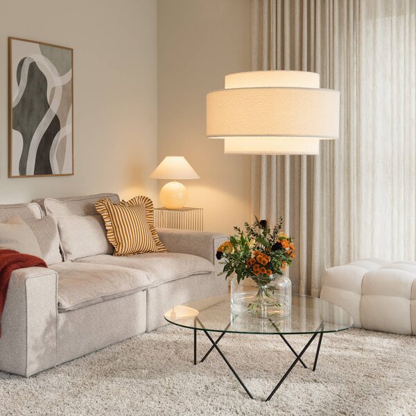 Globen Lighting závěsné světlo Noah Bouclé, Ø 70 cm, bílé, stmívatelný, Bílá / opál, Obývací pokoj / jídelna, Textil / tkanina / hedvábí, Skandinávský