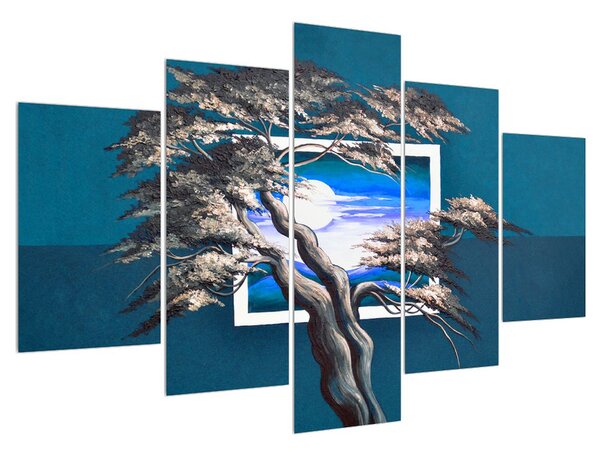Modrý obraz stromu a východu slunce (150x105 cm)
