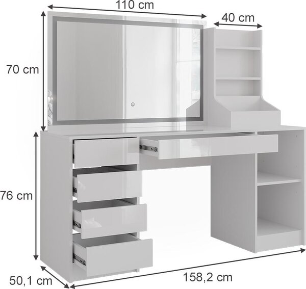 Toaletní stolek Vicco Sherry Bílá/Bílá vysoký lesk 158.2 cm se zrcadlem LED, Model 57658