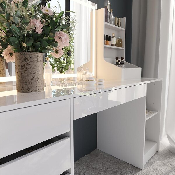 Toaletní stolek Vicco Sherry Bílá/Bílá vysoký lesk 158.2 cm se zrcadlem LED, Model 57658