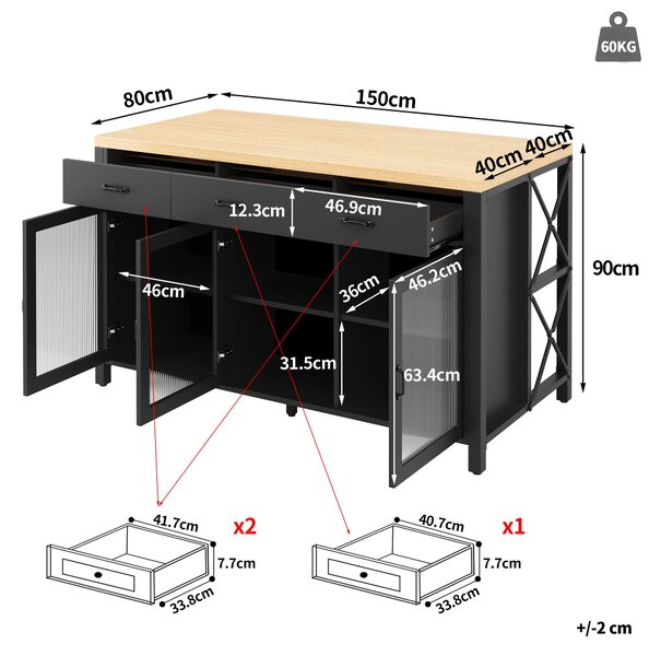 Kuchyňský ostrůvek se 3 zásuvkami a skleněnými dvířky, rozměry 150 x 80 x 90 cm, průmyslový styl s rámem ve tvaru "X", LED osvětlení, barva: černá a přírodní
