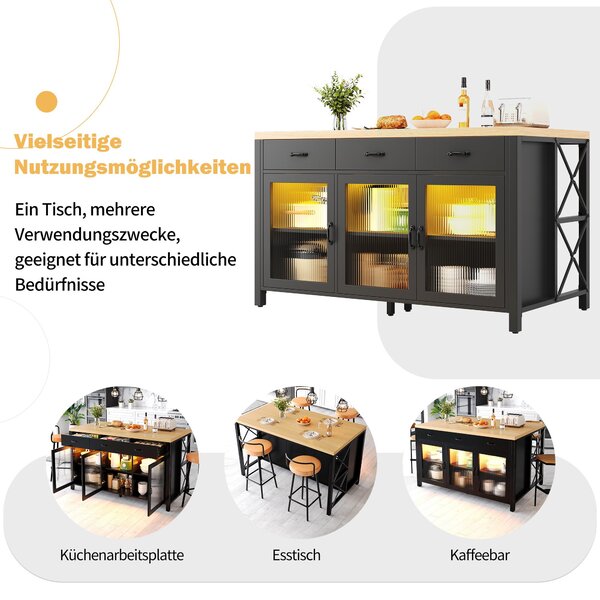 Kuchyňský ostrůvek se 3 zásuvkami a skleněnými dvířky, rozměry 150 x 80 x 90 cm, průmyslový styl s rámem ve tvaru "X", LED osvětlení, barva: černá a přírodní