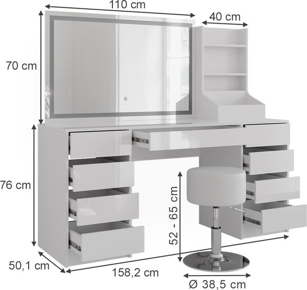 Toaletní stolek Vicco Sherry Bílá/Bílá vysoký lesk 158.2 cm se zrcadlem LED a stoličkou, Model 57663