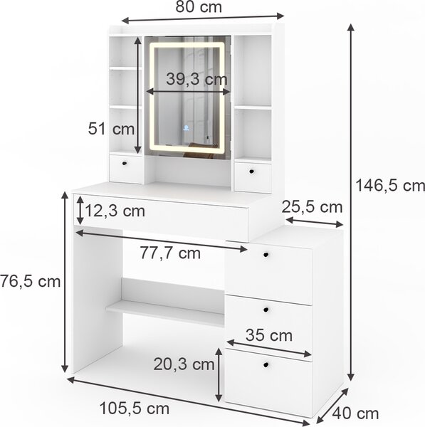 Toaletní stolek Vicco Livora Bílá 105.5 cm se zrcadlem LED, Model 53023