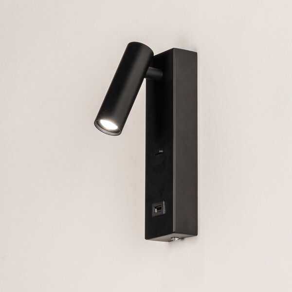 Nástěnné LED svítidlo do ložnice s vypínačem a USB zásuvkou Master Black (LMD)