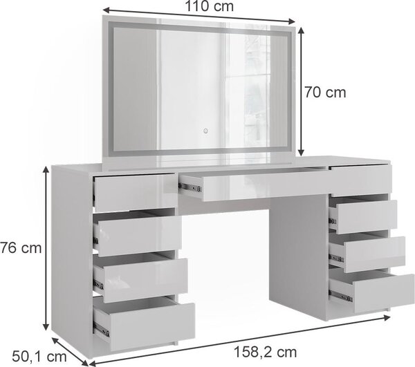 Toaletní stolek Vicco Sherry Bílá/Bílá vysoký lesk 158.2 cm se zrcadlem LED, Model 57665