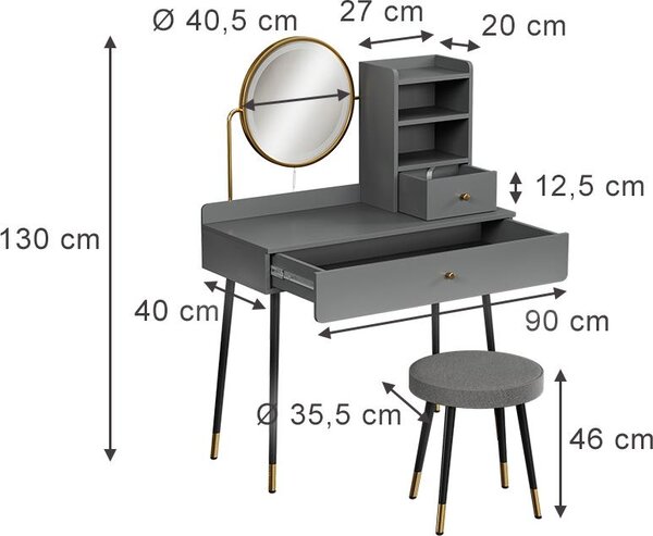 Toaletní stolek Vicco Mirela Šedá 90 cm se zrcadlem LED a stoličkou, Model 56652