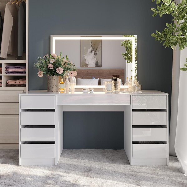 Toaletní stolek Vicco Sherry Bílá/Bílá vysoký lesk 158.2 cm se zrcadlem LED, Model 57665