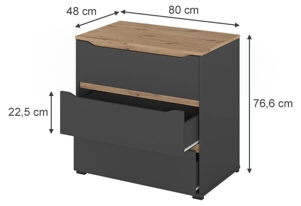 Kredenc Vicco Ruben Antracit/Řemeslný dub 80 x 76.6 cm se 3 zásuvkami, Model 62884