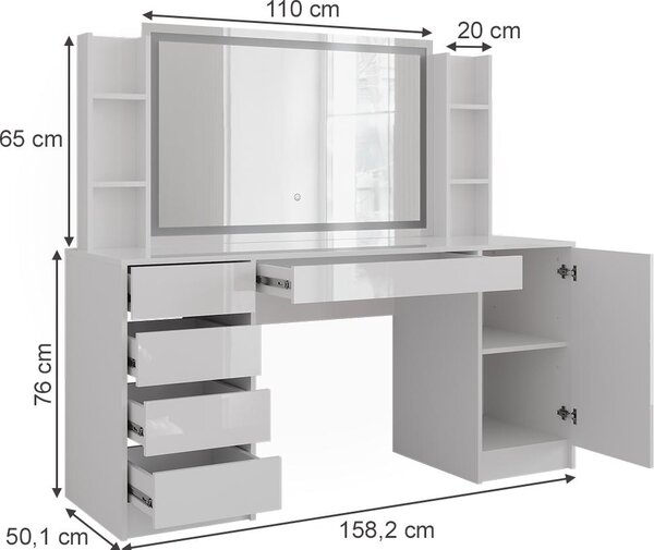 Toaletní stolek Vicco Sherry Bílá/Bílá vysoký lesk 158.2 cm se zrcadlem LED, Model 57668