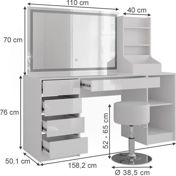 Toaletní stolek Vicco Sherry Bílá/Bílá vysoký lesk 158.2 cm se zrcadlem LED a stoličkou, Model 57657